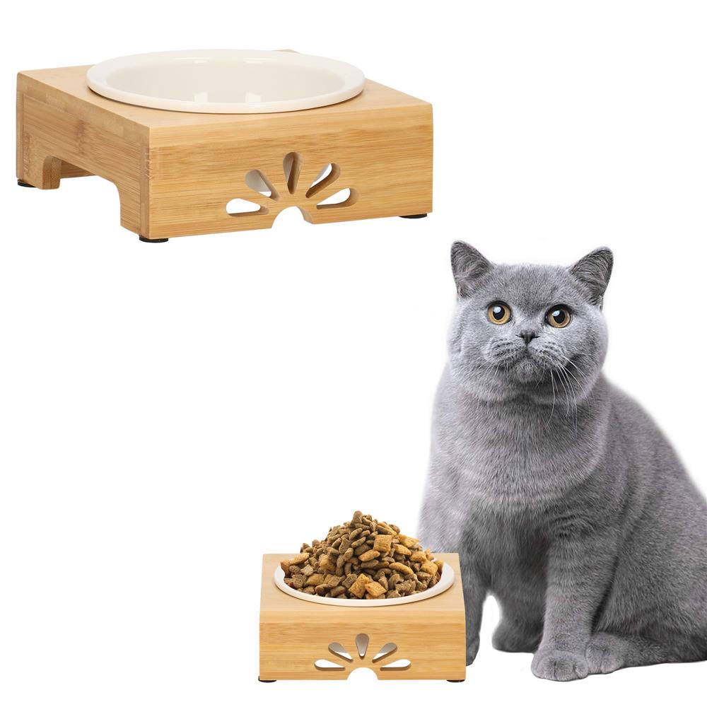 Castron ceramica, bol, pentru caine sau pisica, cu suport din bambus, 15cm