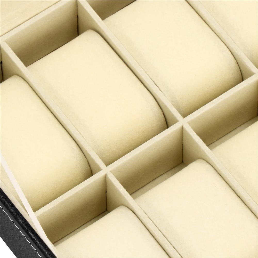 Cutie depozitare si organizare ceasuri, MDF, piele ecologica, 30x20x8cm, negru interior crem
