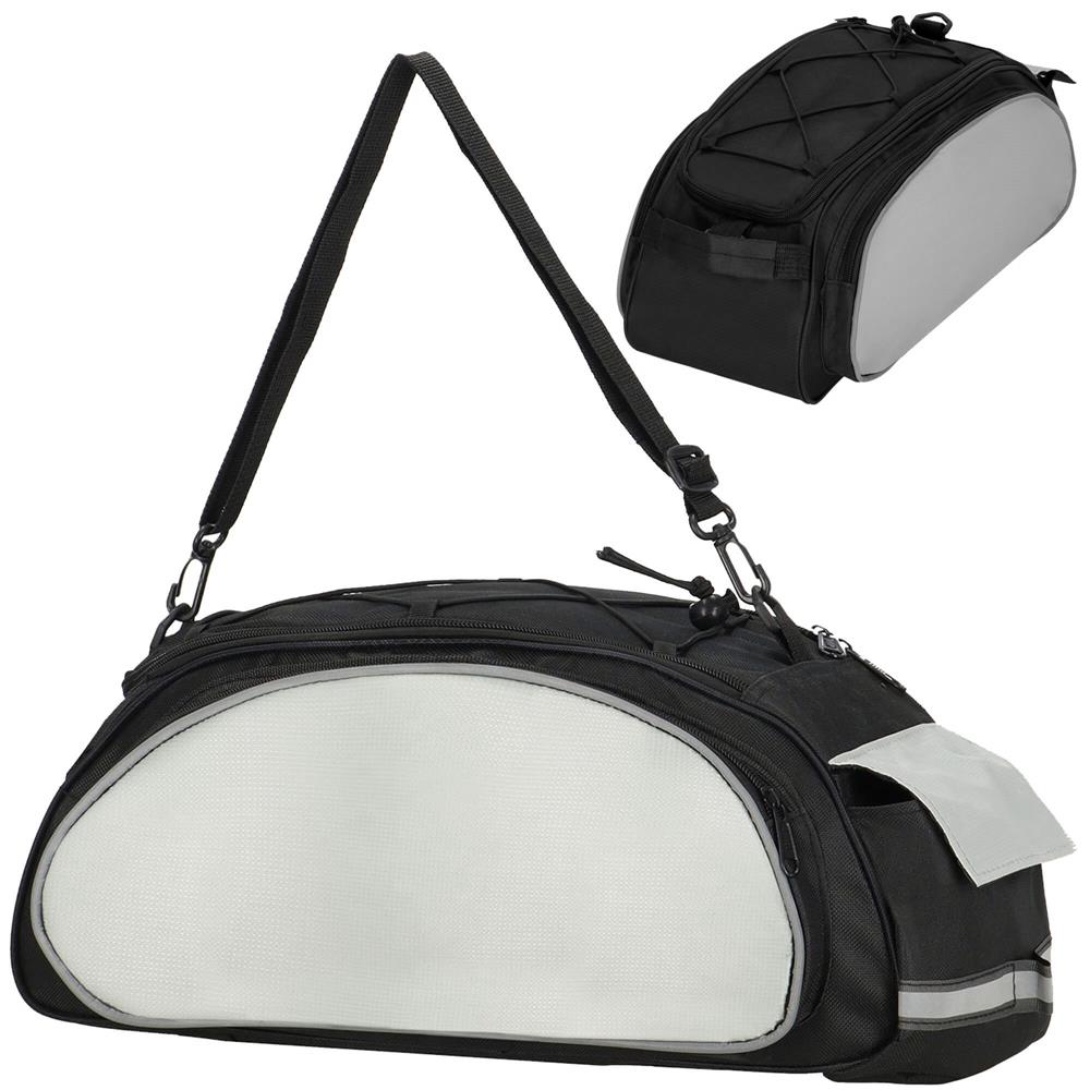 Geanta portbagaj bicicleta, 1 compartiment si 3 buzunare laterale, 40x20x17cm, negru cu elemente reflectorizante gri