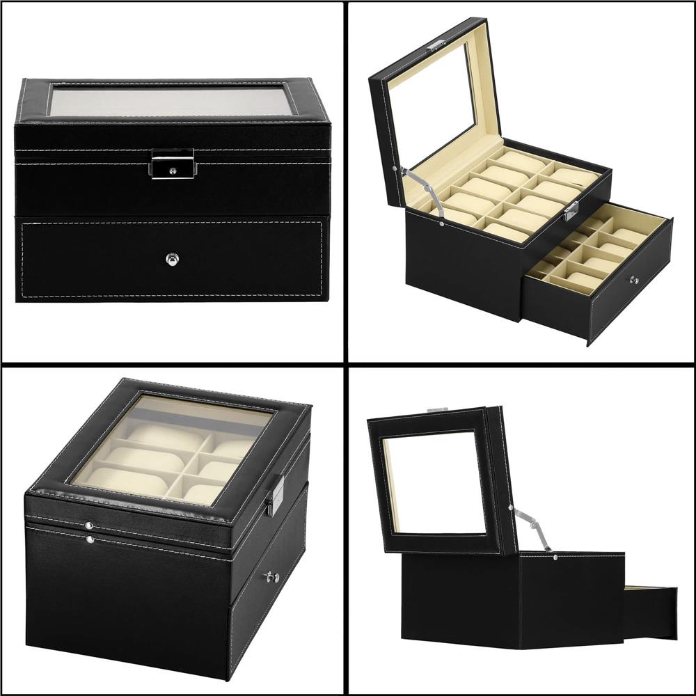 Cutie depozitare si organizare ceasuri, MDF, piele ecologica, 28x20x16,5cm, negru interior crem