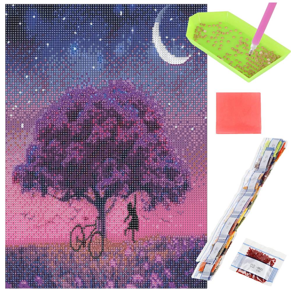 Set de broderie cu diamante 5D, 30x40cm, model Pom inflorit sub luna