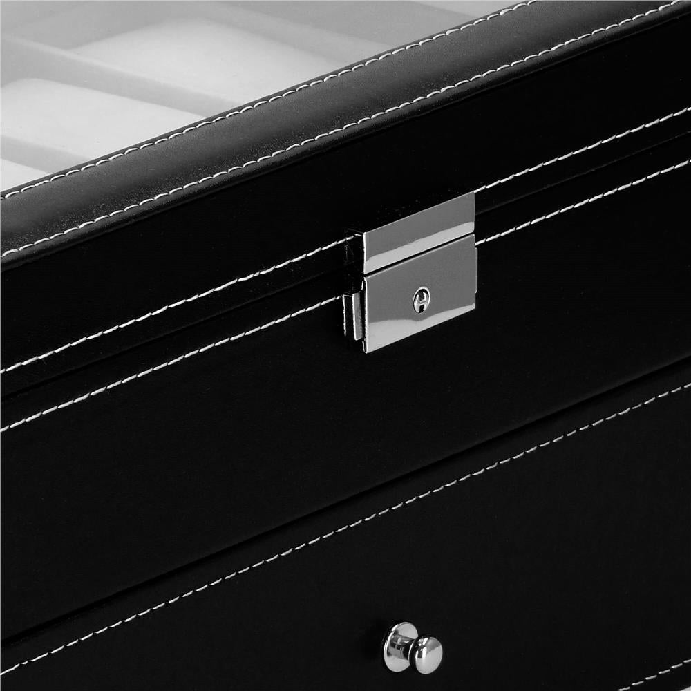Cutie depozitare si organizare ceasuri si alte accesorii, MDF, piele ecologica, 30x20x13cm, negru