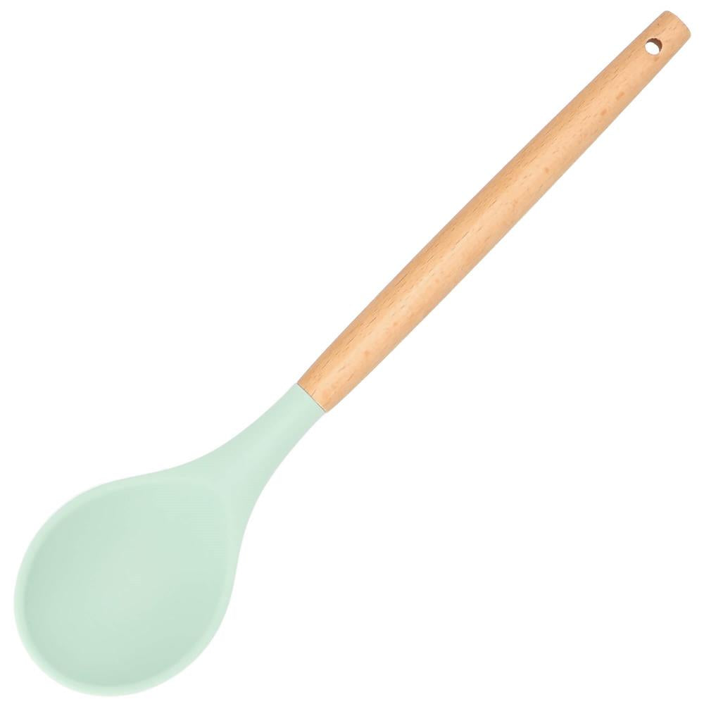 Set Sersimo 12 ustensile de bucatarie din silicon termorezistent si maner din bambus, verde deschis