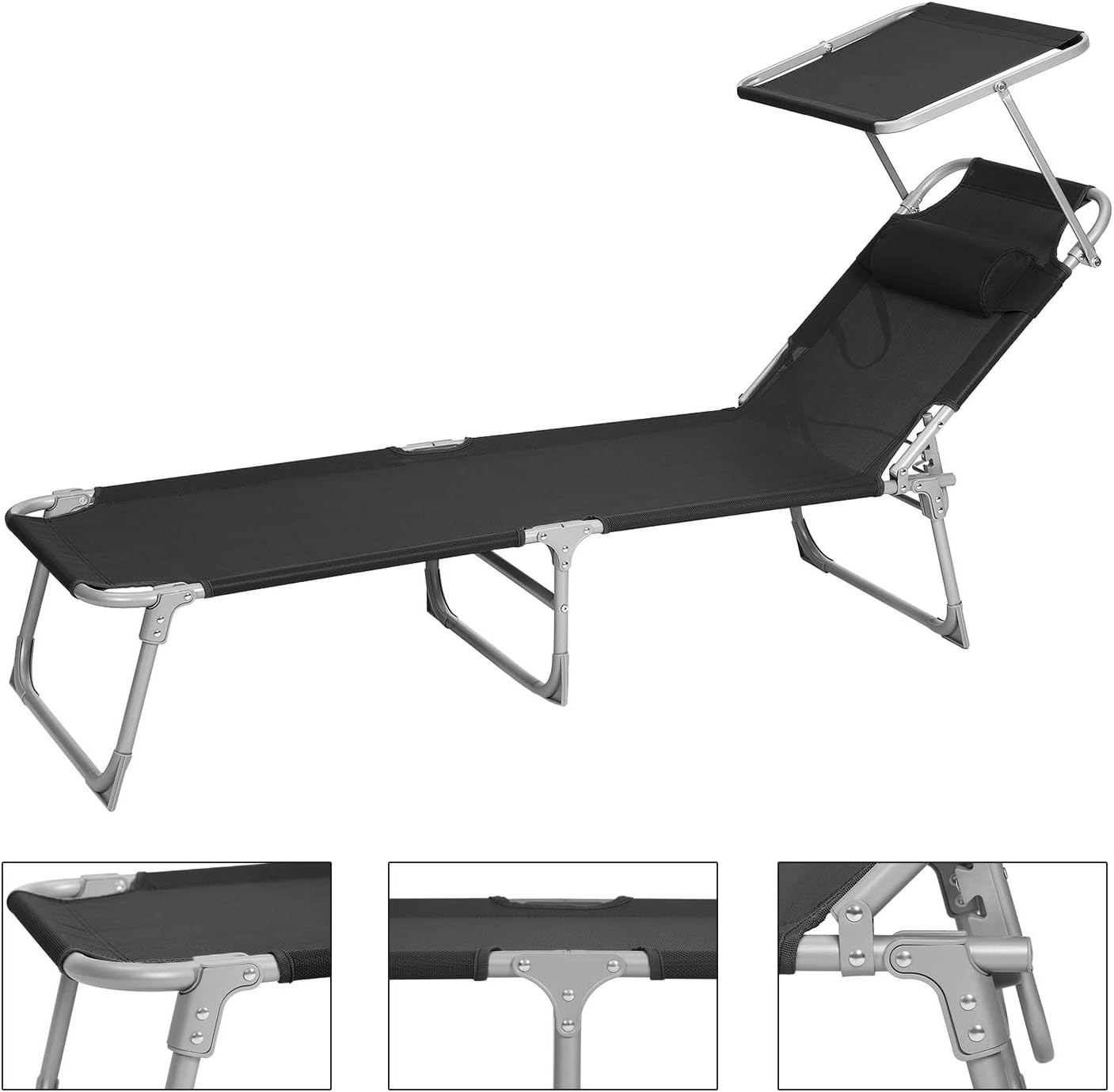 SONGMICS Sezlong pliabil, cu parasolar si tetiera, spatar reglabil in 4 pozitii, maxim 150kg, 193x53x29cm, negru