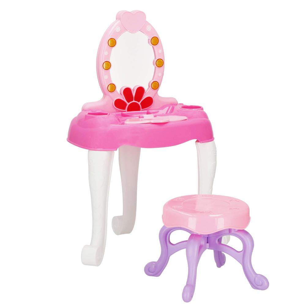 Masa toaleta pentru copii, cu taburet, 19 accesorii joaca, din plastic, 37x20x60 cm, roz