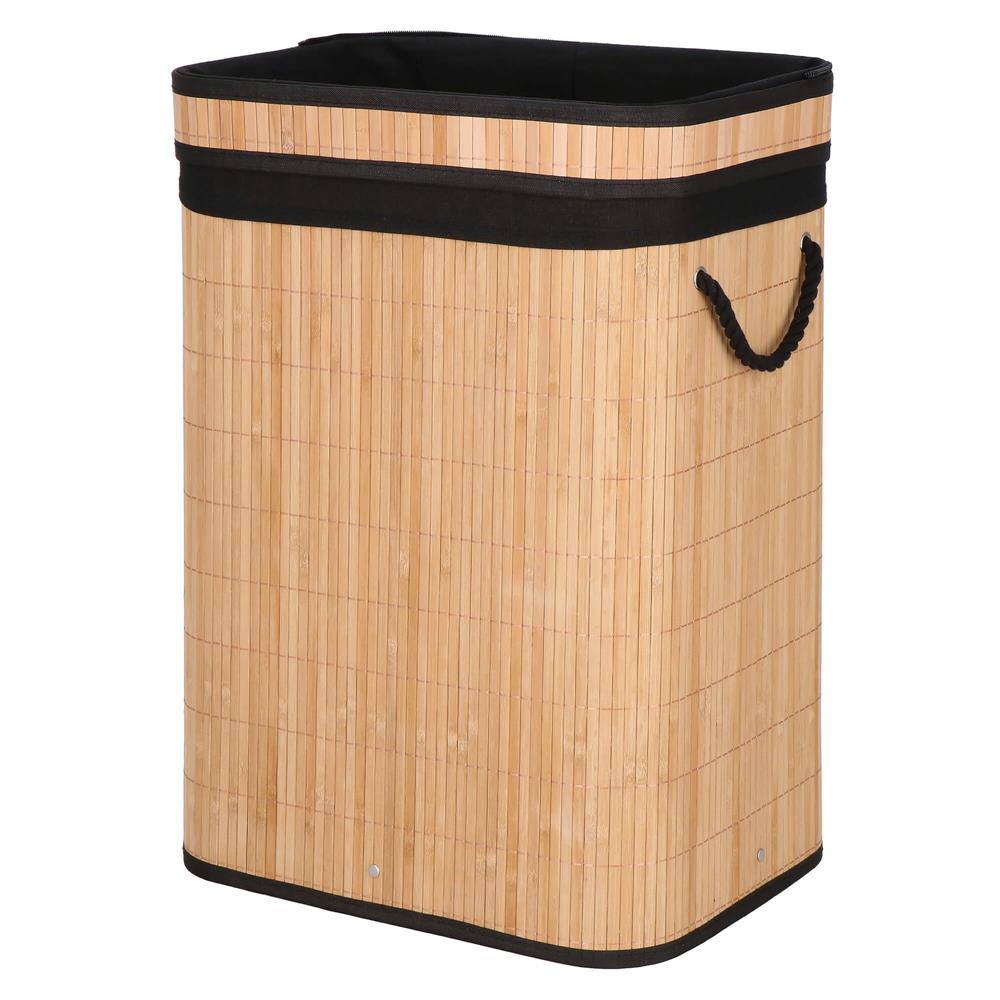 Cos de rufe din bambus cu capac, sac detasabil, volum 72L, 42x33x60cm, maro