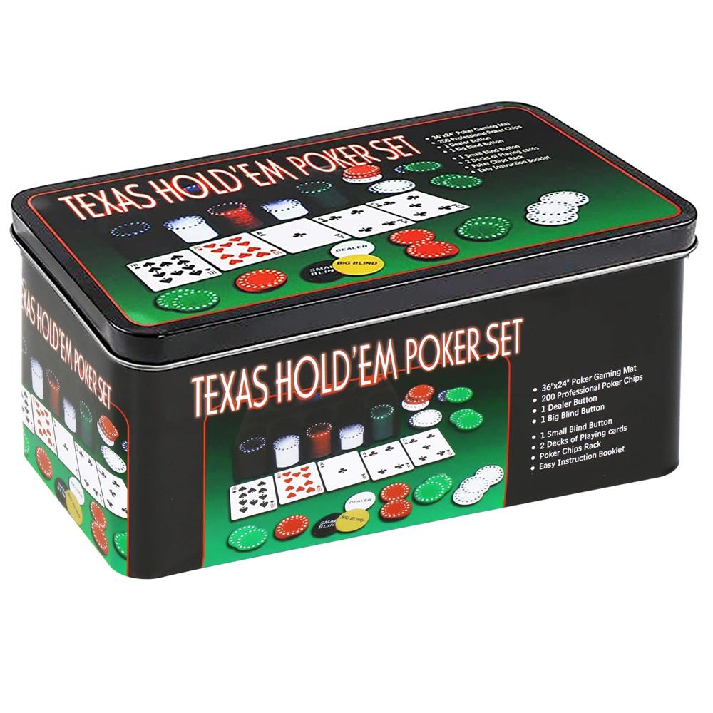 Set de Poker Complex cu 200 de jetoane, covoras verde, 2 seturi de carti, in cutie metalica