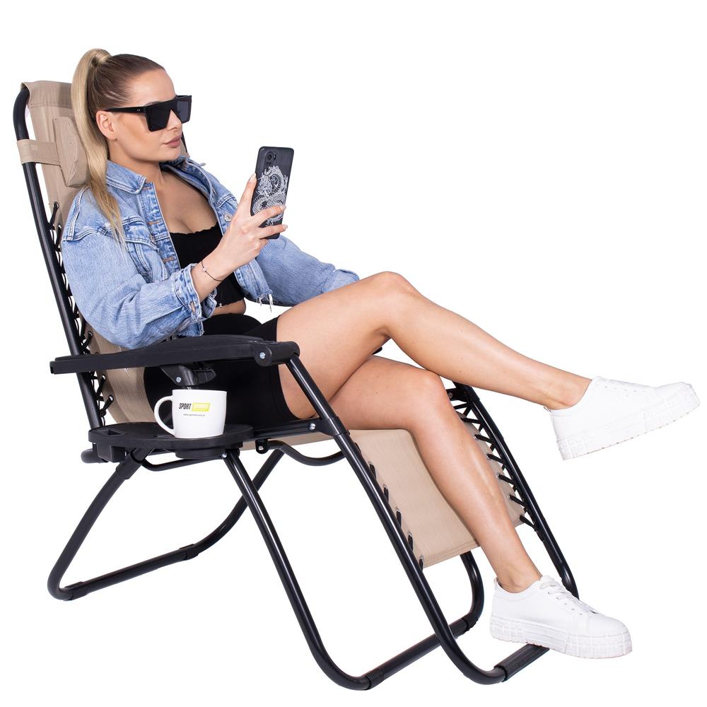 Sezlong scaun pliant plaja sau gradina, Siesta, gravitatie zero, cu tetiera, 175x67x110 cm, bej