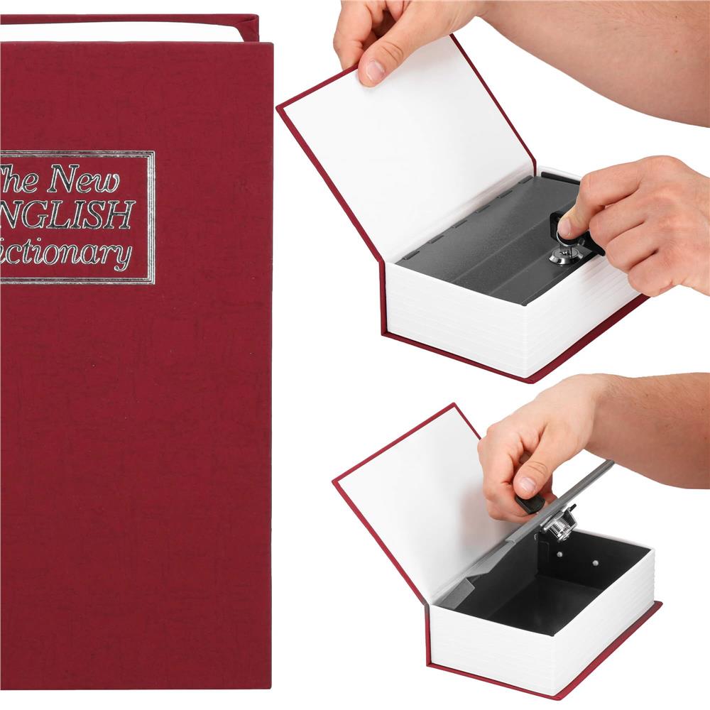 Caseta de valori, cutie metalica cu cheie, portabila, tip carte, Dictionar, burgundy, 26.5x20x6.5 cm