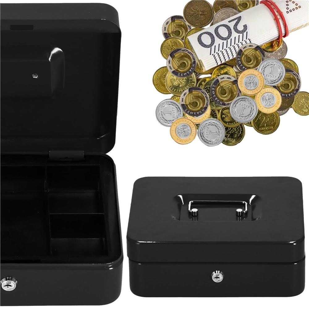 Caseta pentru bani tip cutie de valori, compartimentanta, cu cheie, metal, 25x20x9cm, negru