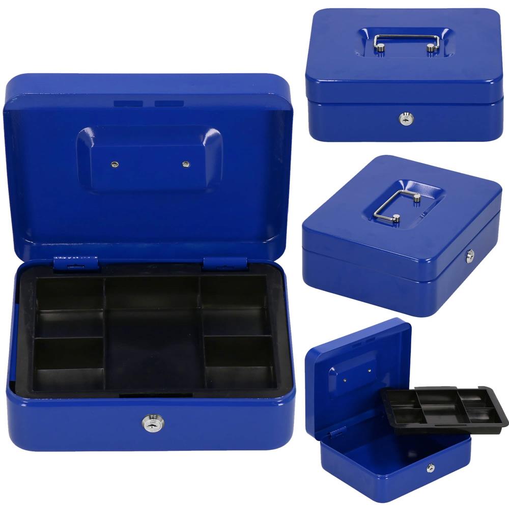 Caseta pentru bani tip cutie de valori, compartimentanta, cu cheie, metal, 20x16x9cm, albastru