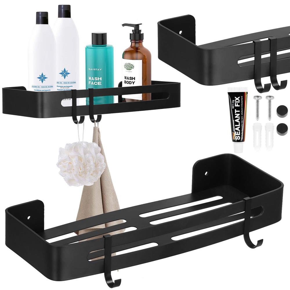Raft de baie cu 2 agatatori, 2 sisteme instalare pe perete, aluminiu, 32x12x4cm, negru