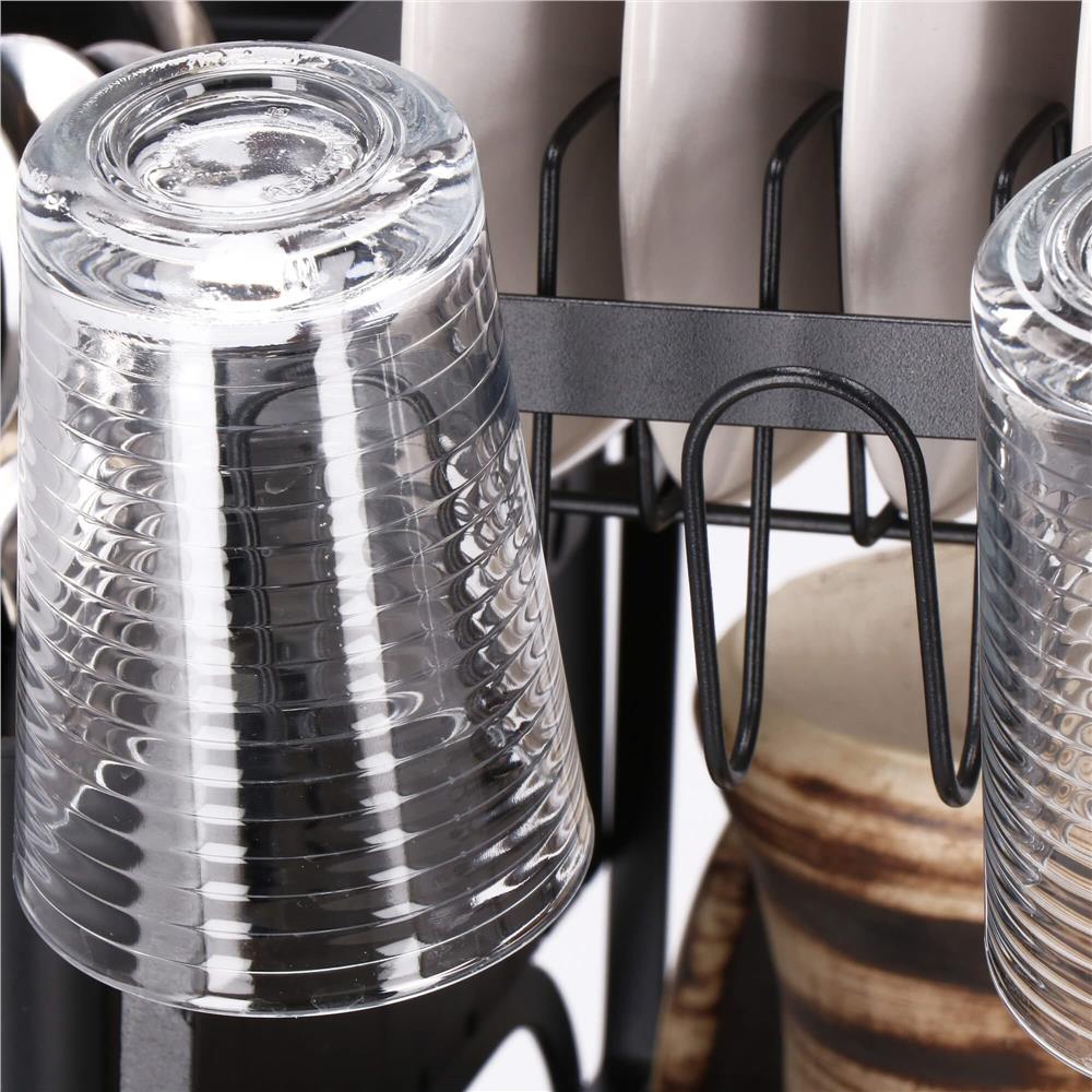 Uscator de vase cu suport pahare si tacamuri, din otel, pe 2 nivele, cu sistem drenaj, 42x30x30cm, negru