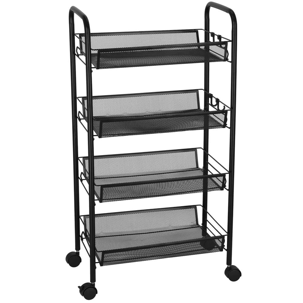 Raft metalic mobil tip carucior pentru bucatarie, 4 polite si 4 agatatori, negru, 44x26x85cm