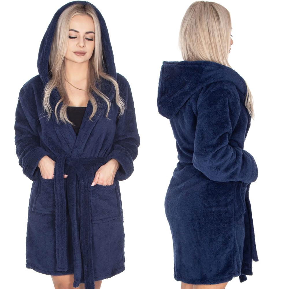 Halat de baie pentru femei pana la genunchi, cu gluga, marimea L/XL, albastru marin