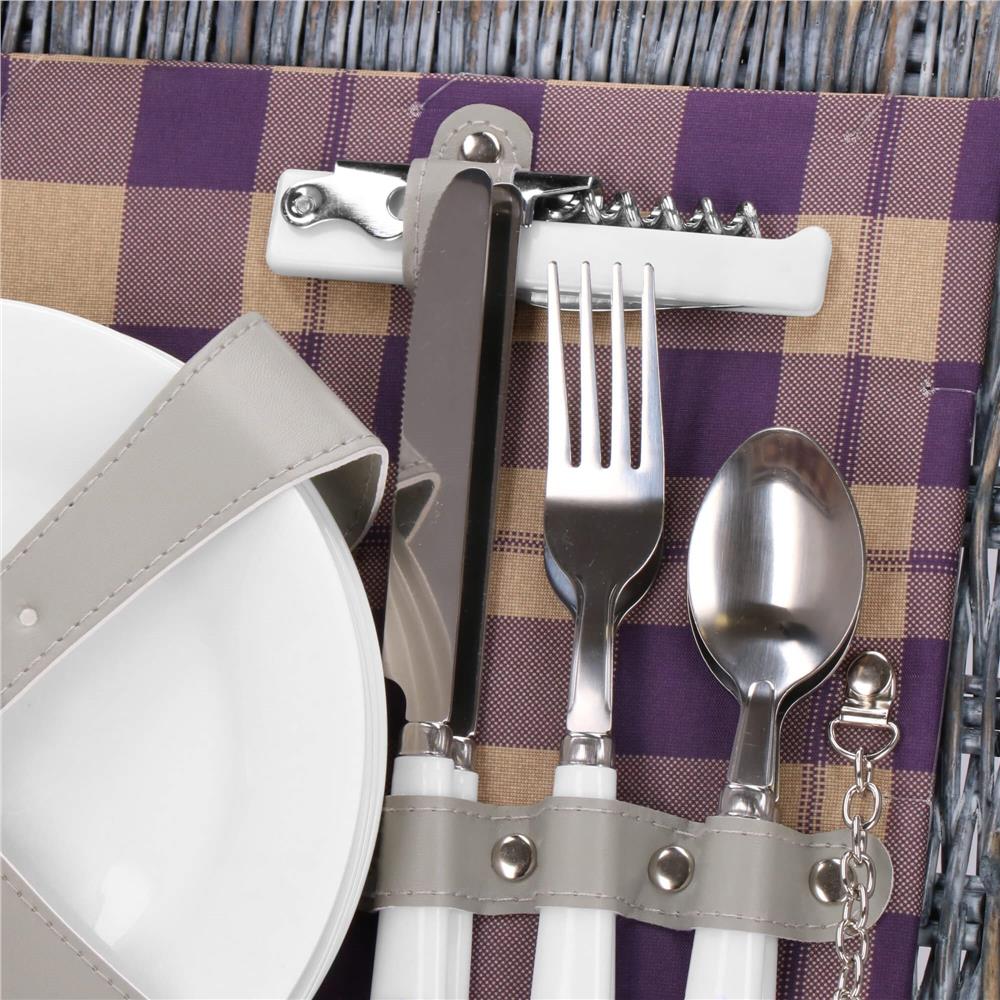 Cos de picnic echipat pentru 4 persoane Deluxe, din rachita, cu vesela si tacamuri, izolat termic, gri