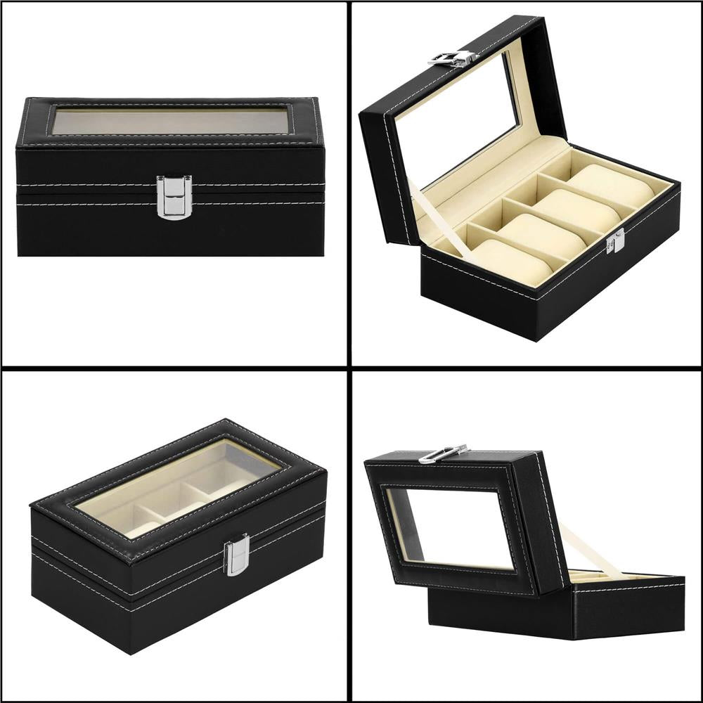 Cutie depozitare si organizare ceasuri, MDF, piele ecologica, 20,5x11x8cm, negru