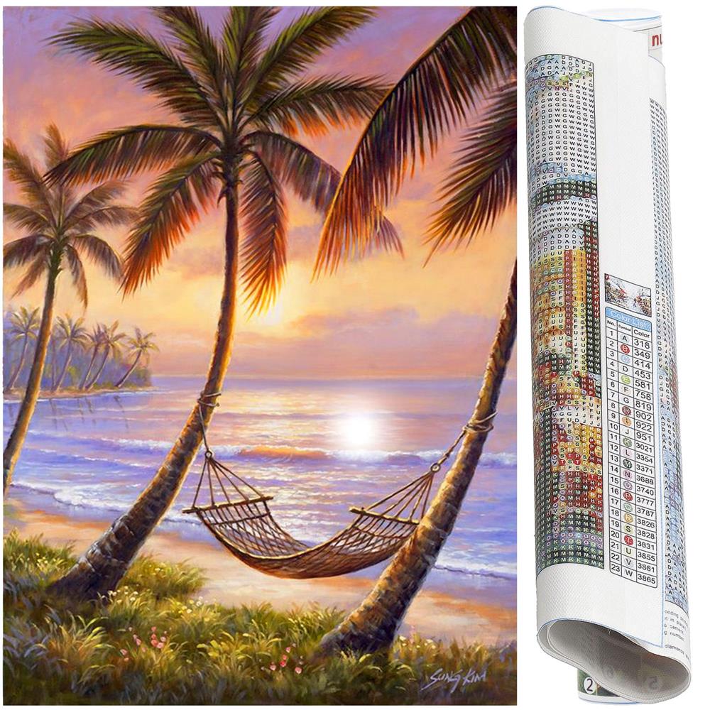 Set de broderie cu diamante 5D, 30x40cm, model Hamac pe plaja