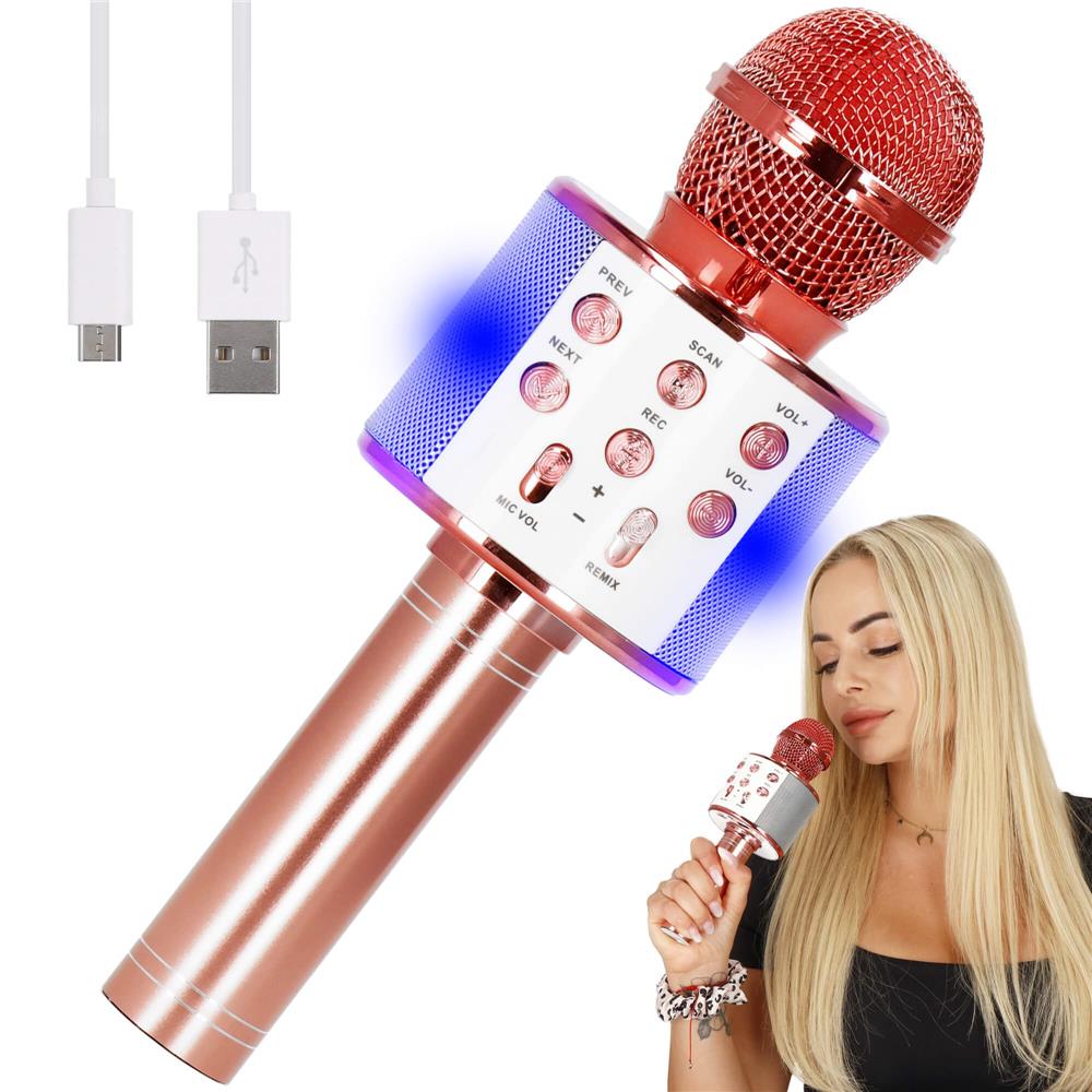 Microfon karaoke copii, wireless, cu acumulator, compatibil iOS si Android, functie de schimbare a vocii, roz