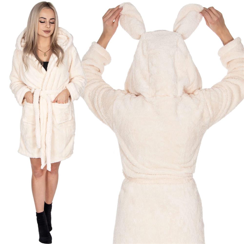 Halat de baie pentru femei pana la genunchi, gluga cu urechi, marimea L/XL, bej