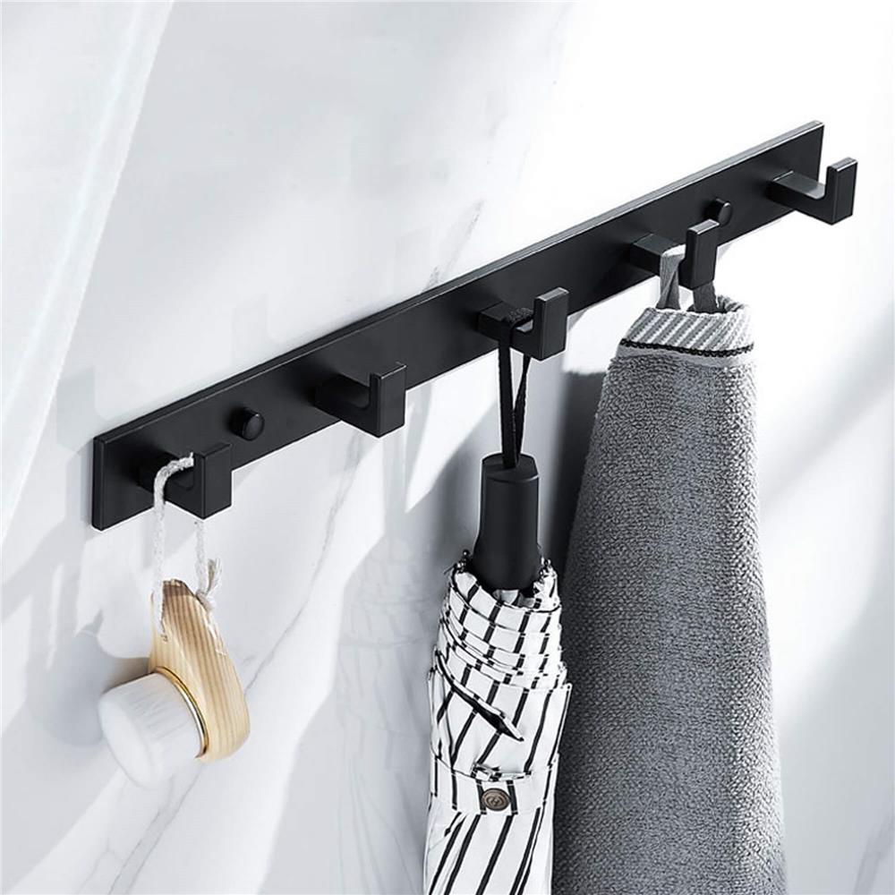 Cuier de baie pentru prosoape cu 2 sisteme instalare, aluminiu, 5 agatatori, 45x4cm, negru