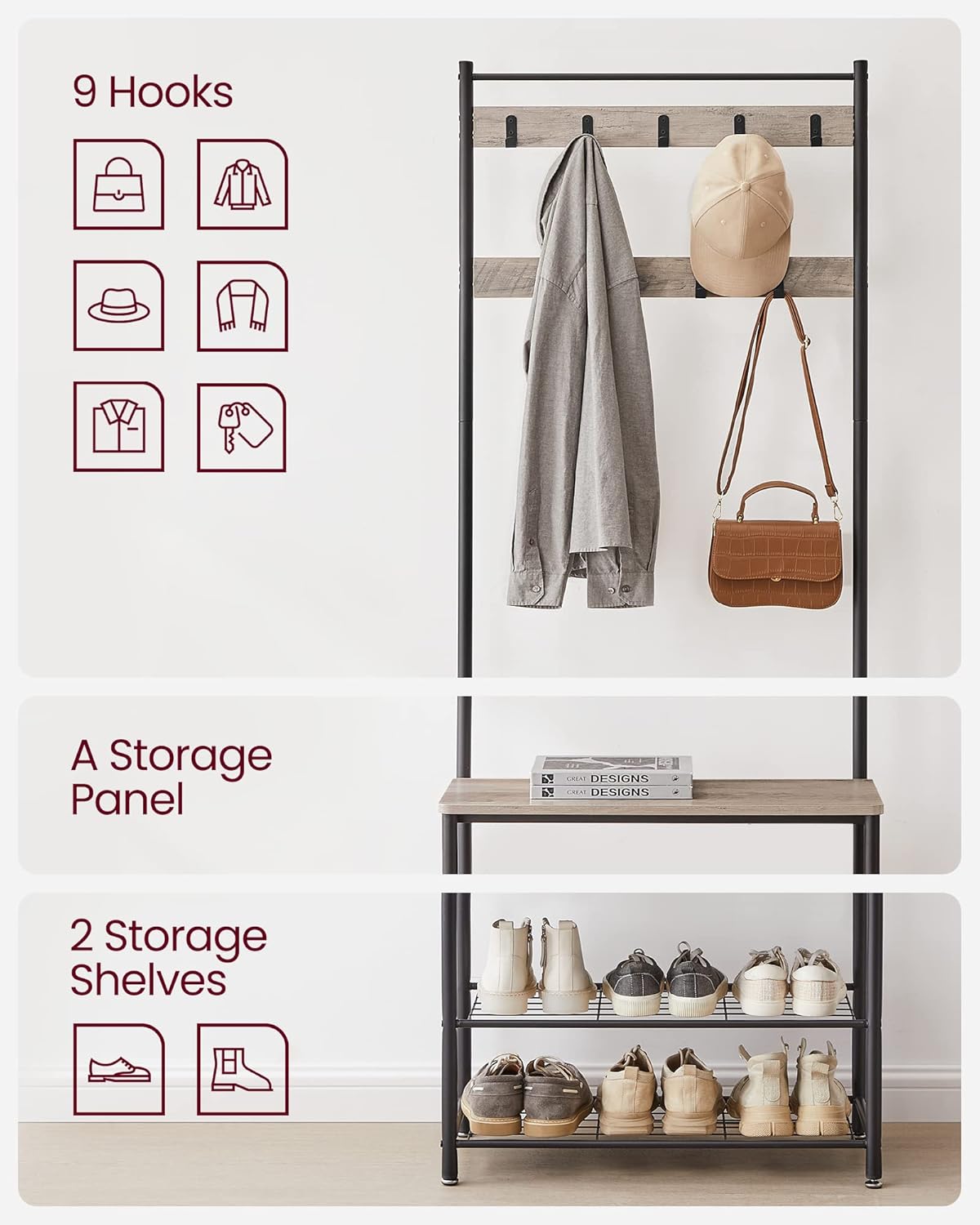VASAGLE Cuier multifunctional 70x32x175 cm, cu 9 carlige, banca si 2 rafturi pantofi, PAL si otel, gri si negru
