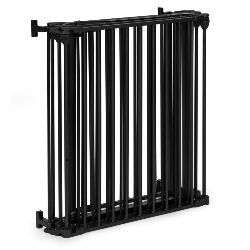 Bariera de siguranta pliabila 300x74 cm, 5 panouri si poarta cu blocare automata, metal si plastic, neagra