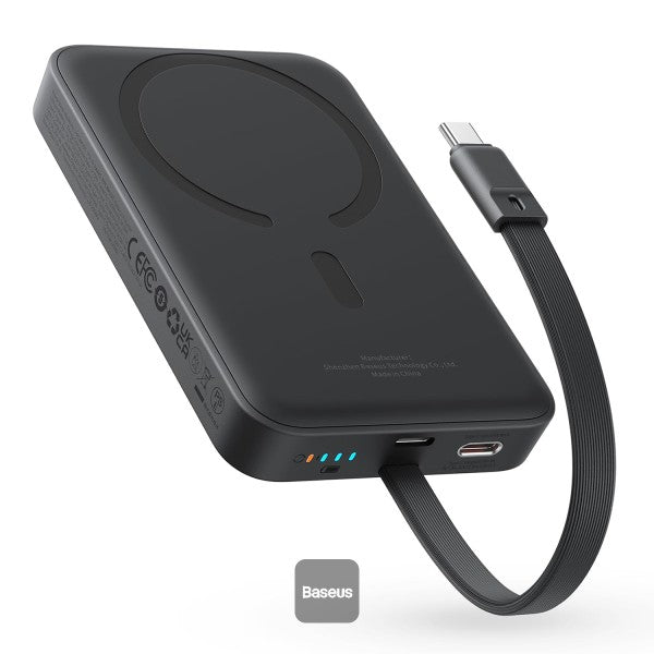 POWER BANK Baseus Magnetic Mini Wireless, 10000mAh, 30W, 2 x USB Type-C output/input, 15W wireless charging, cablu integrat USB Type-C, negru, "P1002210B113-00" - 6932172642785
