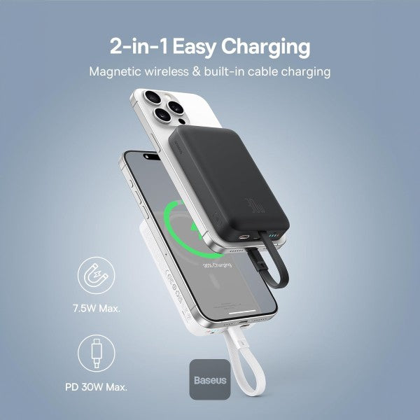 POWER BANK Baseus Magnetic Mini Wireless, 10000mAh, 30W, 2 x USB Type-C output/input, 15W wireless charging, cablu integrat USB Type-C, negru, "P1002210B113-00" - 6932172642785