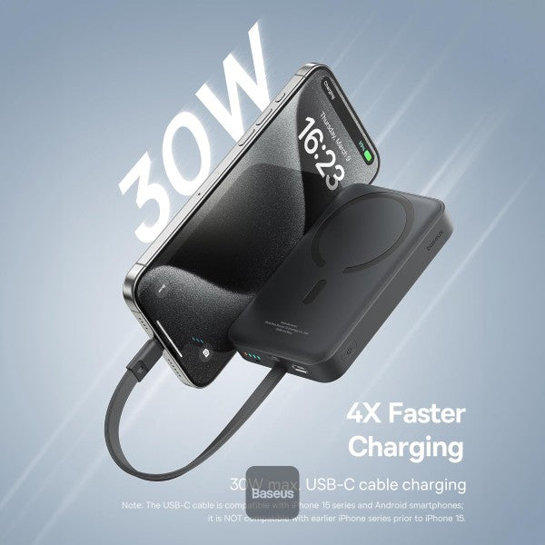 POWER BANK Baseus Magnetic Mini Wireless, 10000mAh, 30W, 2 x USB Type-C output/input, 15W wireless charging, cablu integrat USB Type-C, negru, "P1002210B113-00" - 6932172642785