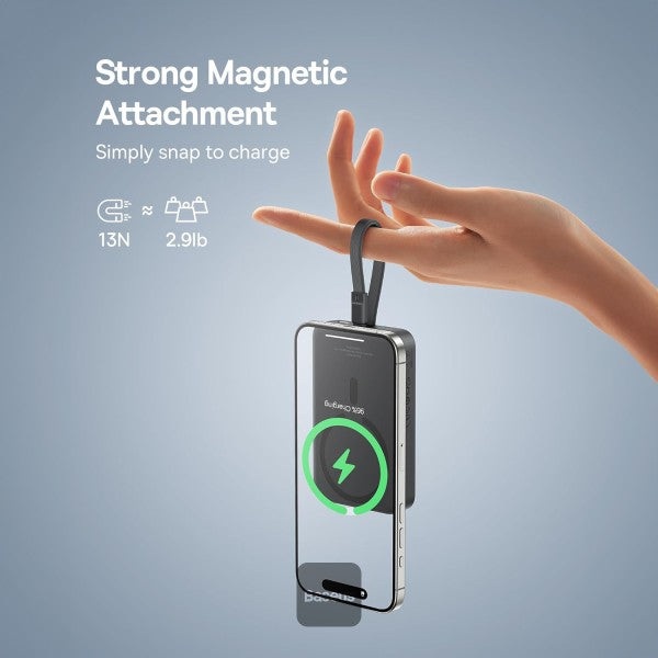 POWER BANK Baseus Magnetic Mini Wireless, 10000mAh, 30W, 2 x USB Type-C output/input, 15W wireless charging, cablu integrat USB Type-C, negru, "P1002210B113-00" - 6932172642785