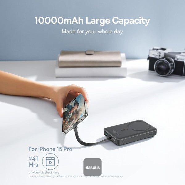 POWER BANK Baseus Magnetic Mini Wireless, 10000mAh, 30W, 2 x USB Type-C output/input, 15W wireless charging, cablu integrat USB Type-C, negru, "P1002210B113-00" - 6932172642785
