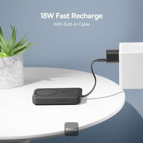 POWER BANK Baseus Magnetic Mini Wireless, 10000mAh, 30W, 2 x USB Type-C output/input, 15W wireless charging, cablu integrat USB Type-C, negru, "P1002210B113-00" - 6932172642785