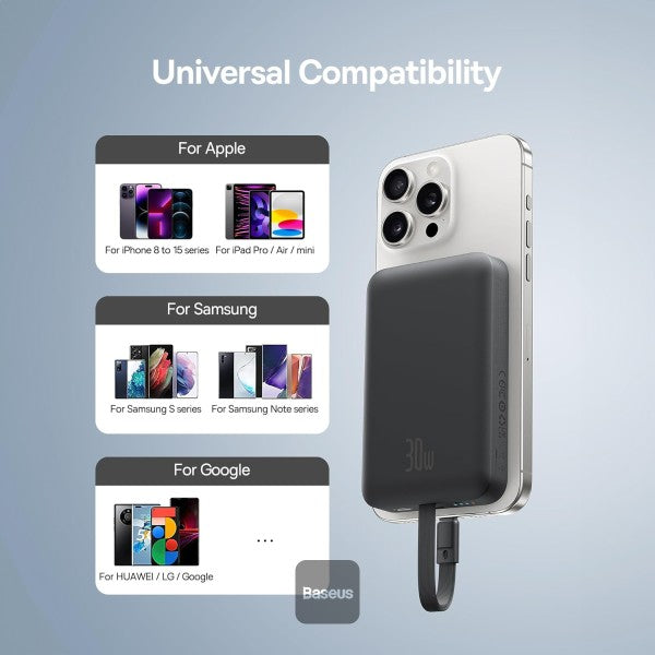 POWER BANK Baseus Magnetic Mini Wireless, 10000mAh, 30W, 2 x USB Type-C output/input, 15W wireless charging, cablu integrat USB Type-C, negru, "P1002210B113-00" - 6932172642785