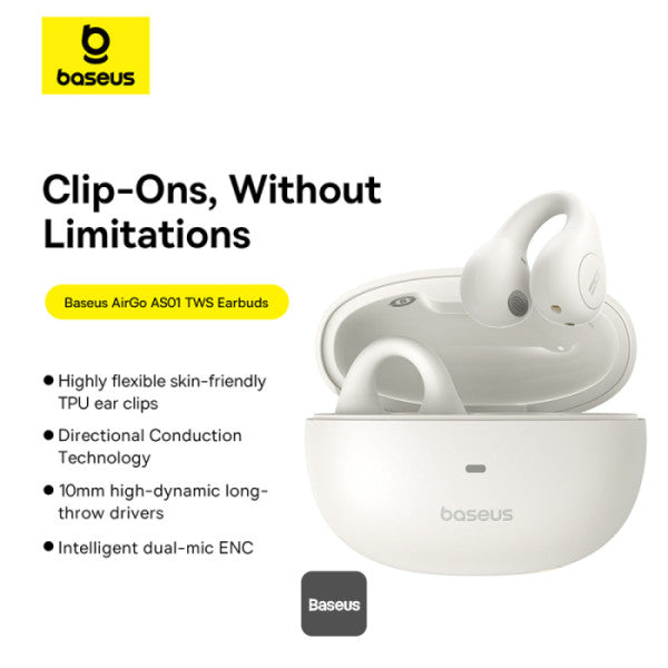 CASTI Baseus AirGo AS01 Open-Ear TWS, pt smartphone, wireless, bluetooth 5.3, microfon pe casca, 25 ore durata baterie, alb "A00069101223-00" (timbru verde 0.18 lei) - 6932172655372