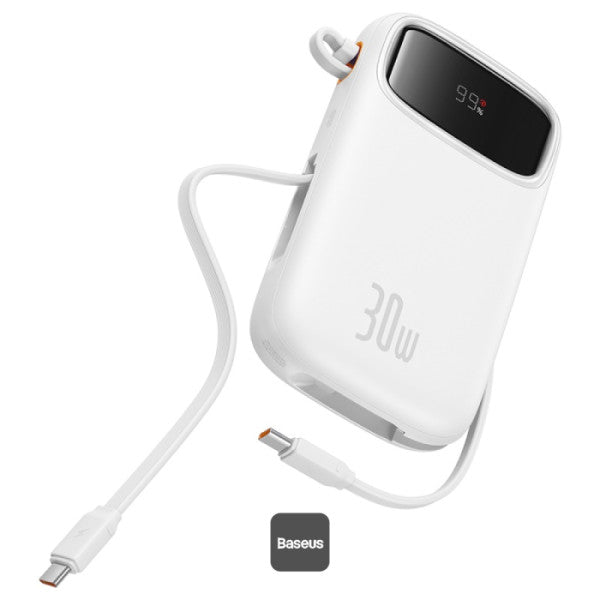 POWER BANK Baseus Qpow2 Digital Display, 10000mAh, 30W, 2 x USB Type-C output/input, 1 x USB, include cablu USB Type-C la USB Type-C 30cm, alb, "P10055008213-00" - 6932172667733