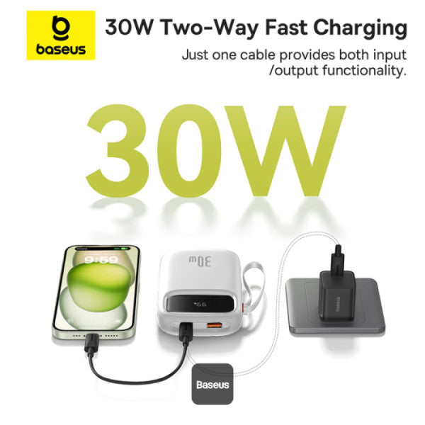 POWER BANK Baseus Qpow2 Digital Display, 10000mAh, 30W, 2 x USB Type-C output/input, 1 x USB, include cablu USB Type-C la USB Type-C 30cm, alb, "P10055008213-00" - 6932172667733