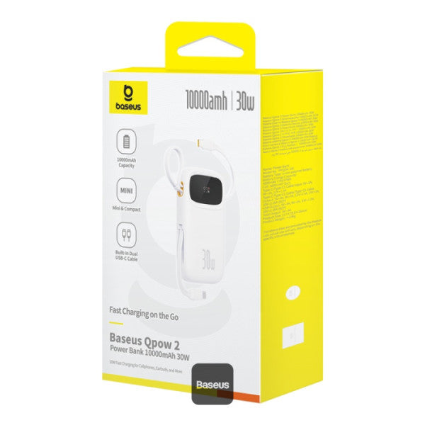 POWER BANK Baseus Qpow2 Digital Display, 10000mAh, 30W, 2 x USB Type-C output/input, 1 x USB, include cablu USB Type-C la USB Type-C 30cm, alb, "P10055008213-00" - 6932172667733
