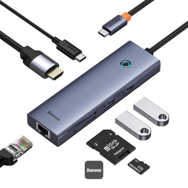DOCKING STATION Baseus UltraJoy 7 in 1, input USB Type-C, output HDMI4K@60Hz x 1, USB3.0 x 2, PD x 1, card reader SD/micro SD x 1, RJ45 x 1, gri 