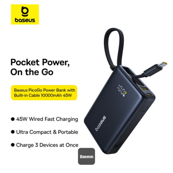 POWER BANK Baseus PicoGo, display, capacitate 10000mAh, 45W, cablu integrat USB Type-C, 1 x USB Type-C, 1 x USB, total 5V/3A, negru, "P10076803123-00" - 6932172678715
