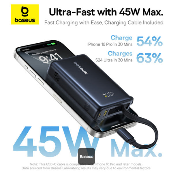 POWER BANK Baseus PicoGo, display, capacitate 10000mAh, 45W, cablu integrat USB Type-C, 1 x USB Type-C, 1 x USB, total 5V/3A, negru, "P10076803123-00" - 6932172678715
