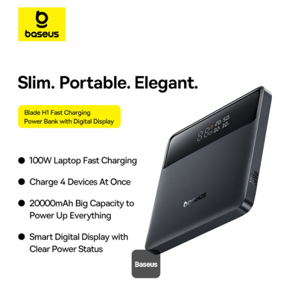 POWER BANK Baseus Blade H1, 20000mAh, PD 100W, ultra thin, 2 x USB; 2 x USB Type-C, display digital pt. status baterie, total 5A, include cablu USB Type-C la USB Type-C, negru, "P10021604123-00" - 6932172682446