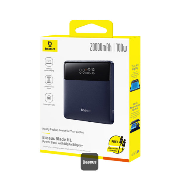 POWER BANK Baseus Blade H1, 20000mAh, PD 100W, ultra thin, 2 x USB; 2 x USB Type-C, display digital pt. status baterie, total 5A, include cablu USB Type-C la USB Type-C, negru, "P10021604123-00" - 6932172682446