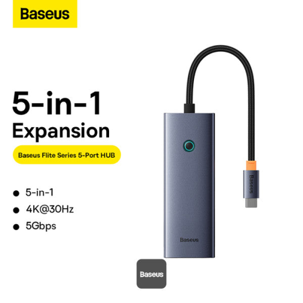 DOCKING STATION Baseus UltraJoy 5 in 1, input USB Type-C, output HDMI4K@30Hz x 1, USB3.0 x 4, gri 