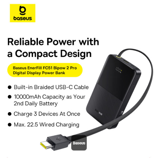 POWER BANK Baseus EnerFill FC51 Bipow 2 Pro Digital, capacitate 30000mAh 22.5W, 1 x USB, 1 x USB Type-C, cablu integrat USB Type-C, display, negru "E0028100" - 6932172698645