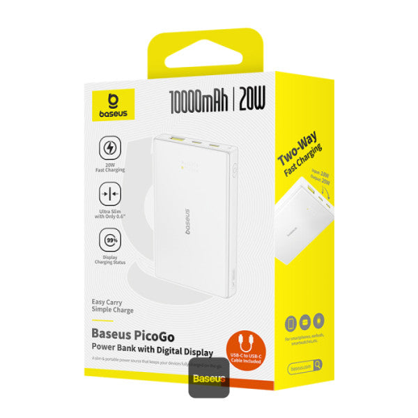 POWER BANK Baseus PicoGo, 10000mAh, 20W, 2 x USB Type-C, 1 x USB, cablu inclus USB Type-C la USB Type-C 30cm, alb, "P10076801213-00" - 6932172684488