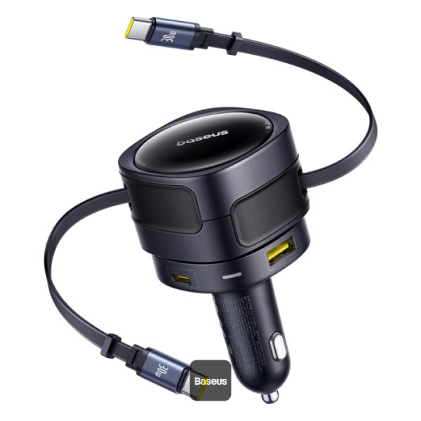 INCARCATOR auto Baseus Enjoyment Max, Quick Charge 90W, 1 x USB, cablu retractabil integrat 2 x USB Type-C, pt. bricheta auto, negru "C00035507121-03" - 6932172682606
