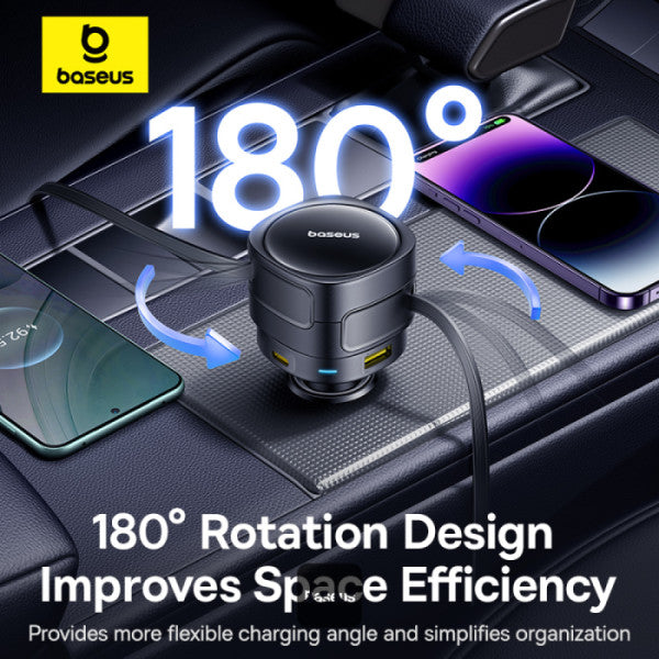 INCARCATOR auto Baseus Enjoyment Max, Quick Charge 90W, 1 x USB, cablu retractabil integrat 2 x USB Type-C, pt. bricheta auto, negru "C00035507121-03" - 6932172682606