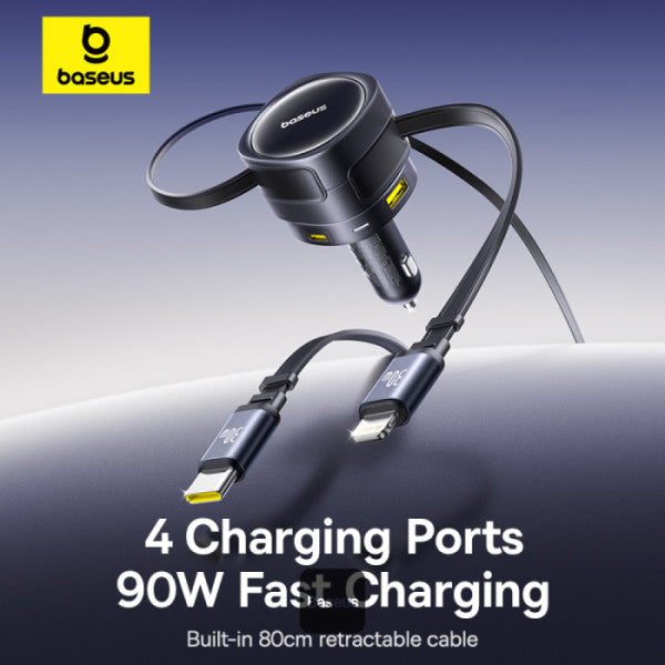 INCARCATOR auto Baseus Enjoyment Max, Quick Charge 90W, 1 x USB, cablu retractabil integrat 2 x USB Type-C, pt. bricheta auto, negru "C00035507121-03" - 6932172682606