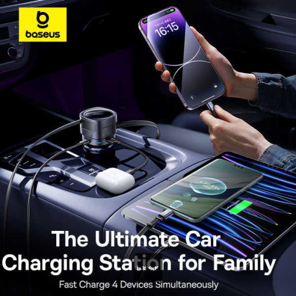 INCARCATOR auto Baseus Enjoyment Max, Quick Charge 90W, 1 x USB, cablu retractabil integrat 2 x USB Type-C, pt. bricheta auto, negru "C00035507121-03" - 6932172682606